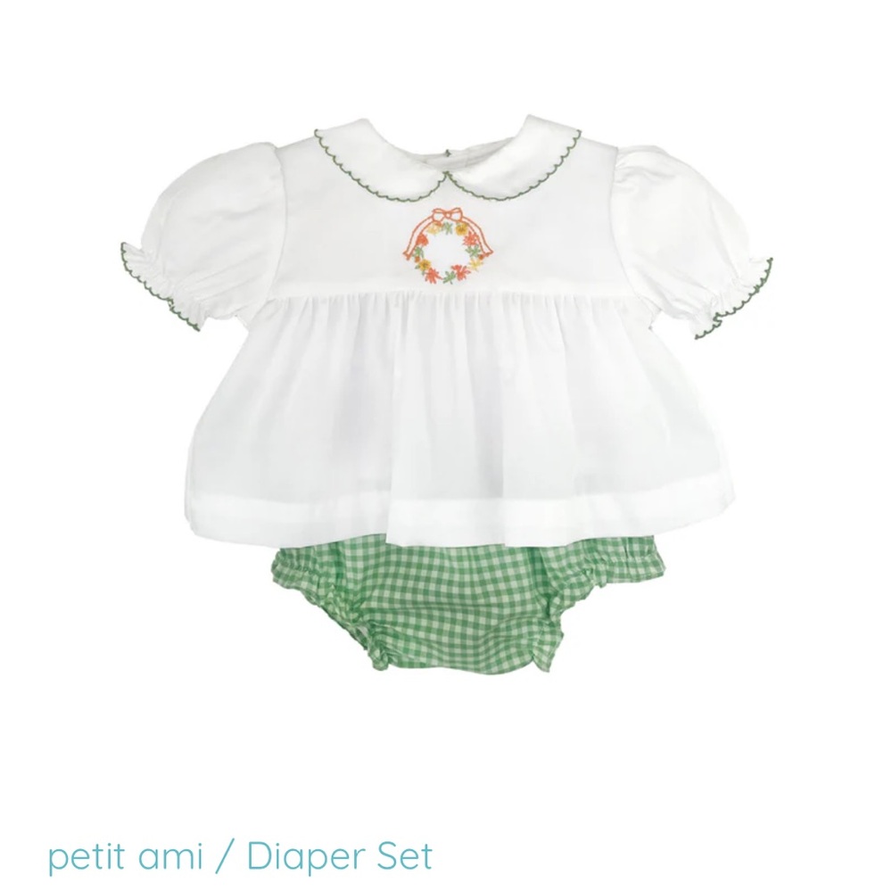 Petit Ami White Top with Green Checkered Diaper Cover
